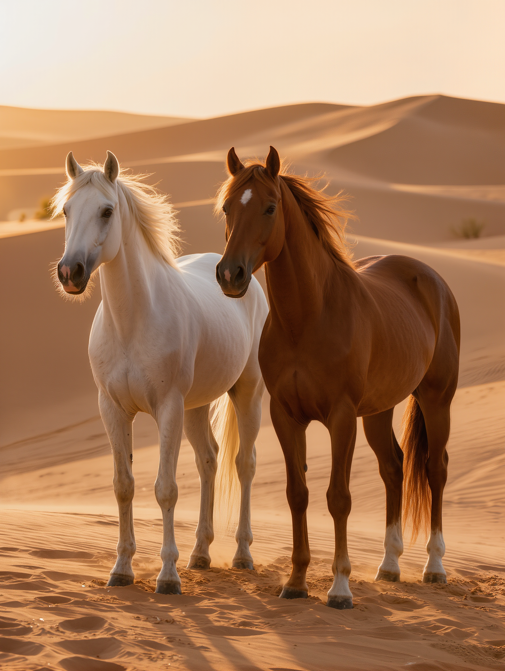 Two Arabian horses in desert for stud farm website